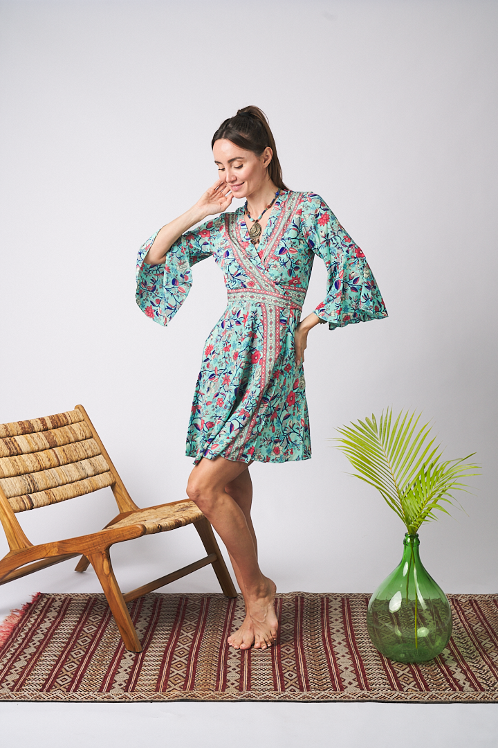 Maxi Kimono Short Pearl Floral Green