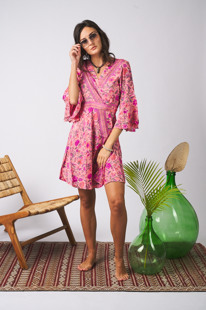 Maxi Kimono Short Pearl Floral Pink